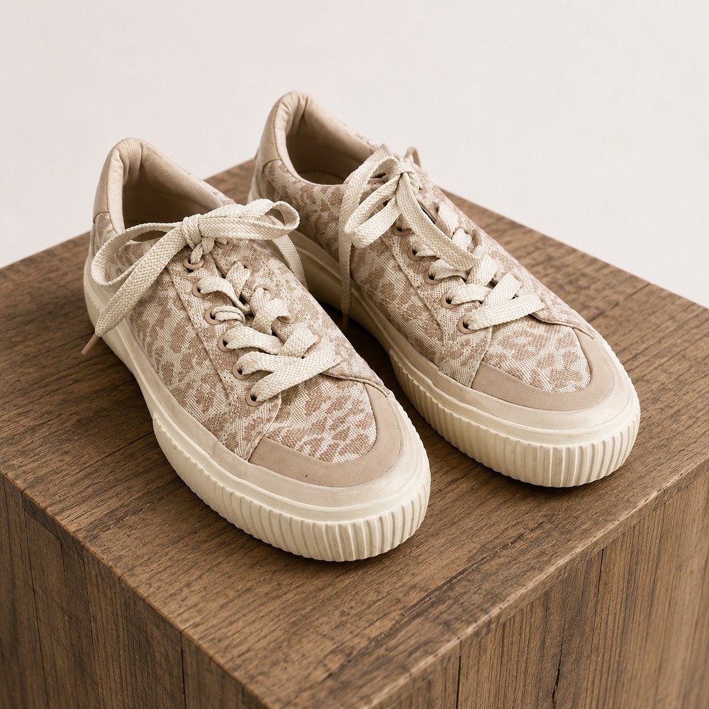 Zara Animal Print Platform Sneakers Womens Size 7.5 38 Beige Canvas Boho Chic